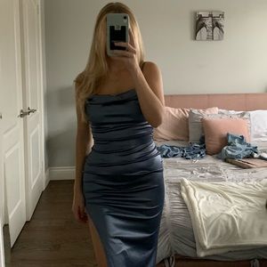 Windsor Store - Lola High slit satin dress BLUE